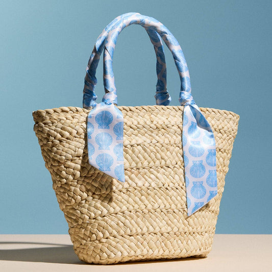 Woven Raffia Mini Tote Bag with Sea Shell Scarf Handles & Lining