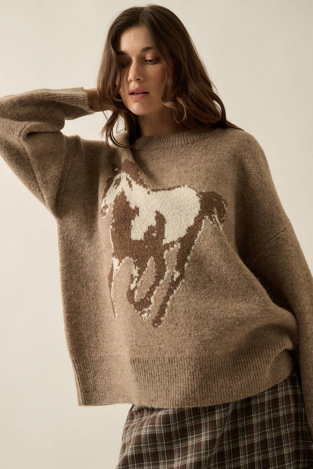 Horse Jacquard-Knit Loose-Fit Drop-Shoulder Sweater