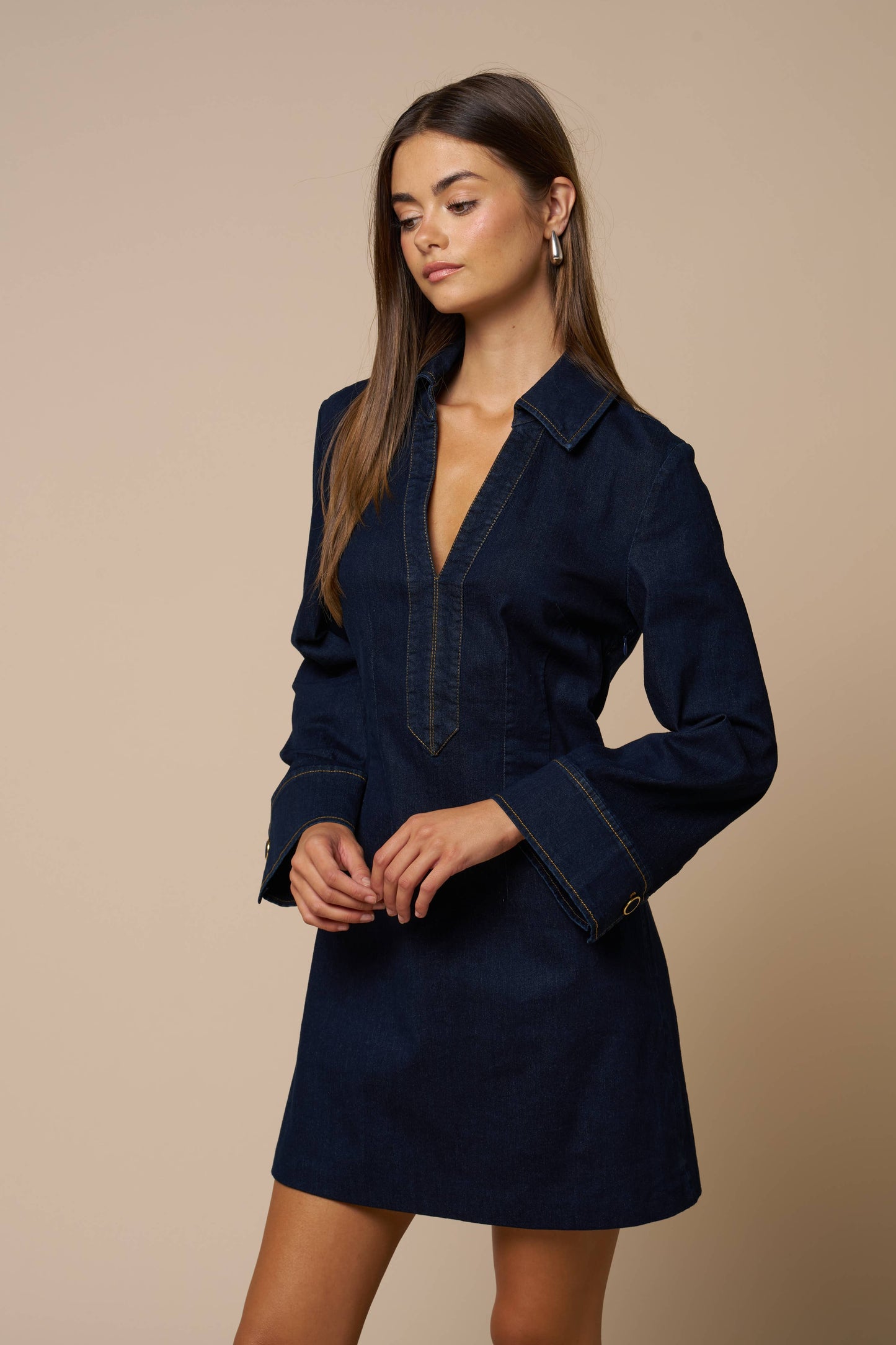 Collared Deep V-Neck Denim Dress