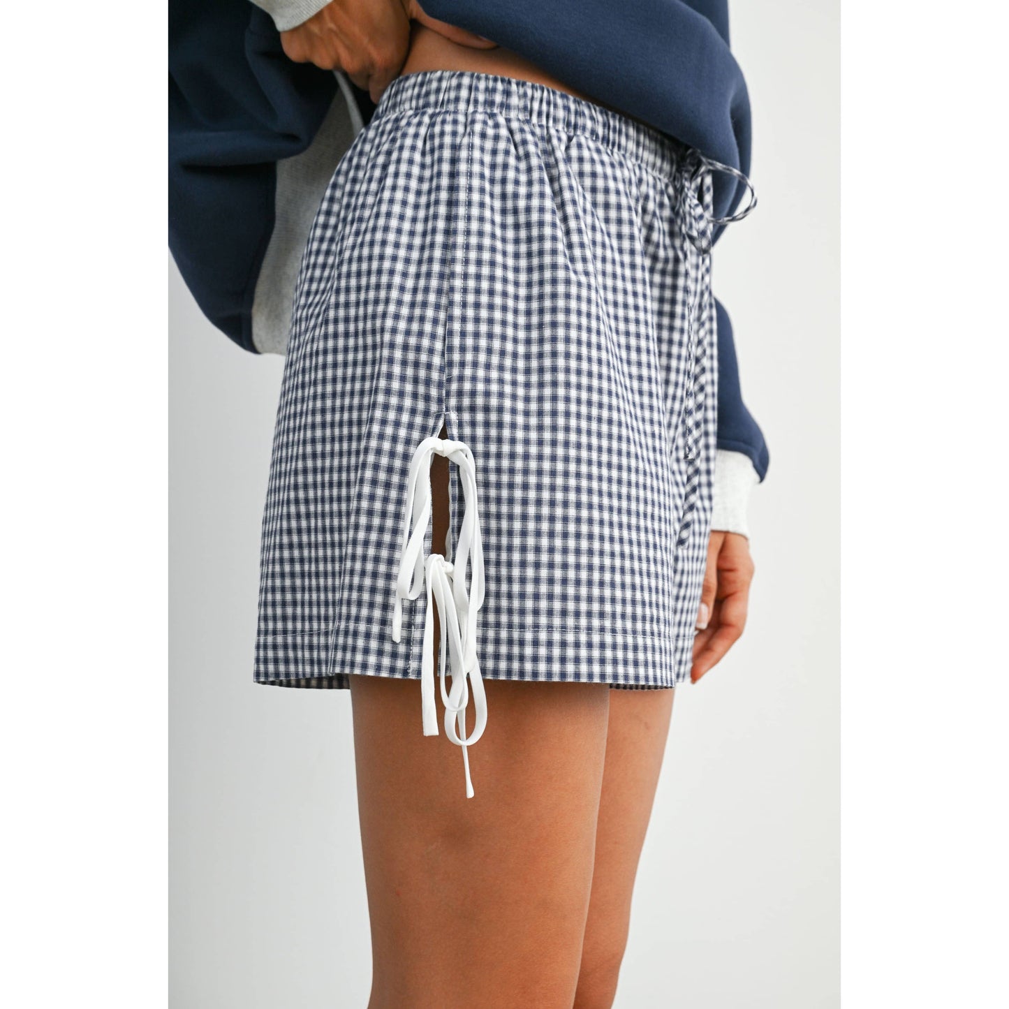 Women's Gingham Tie-Side Shorts- Navy & Red