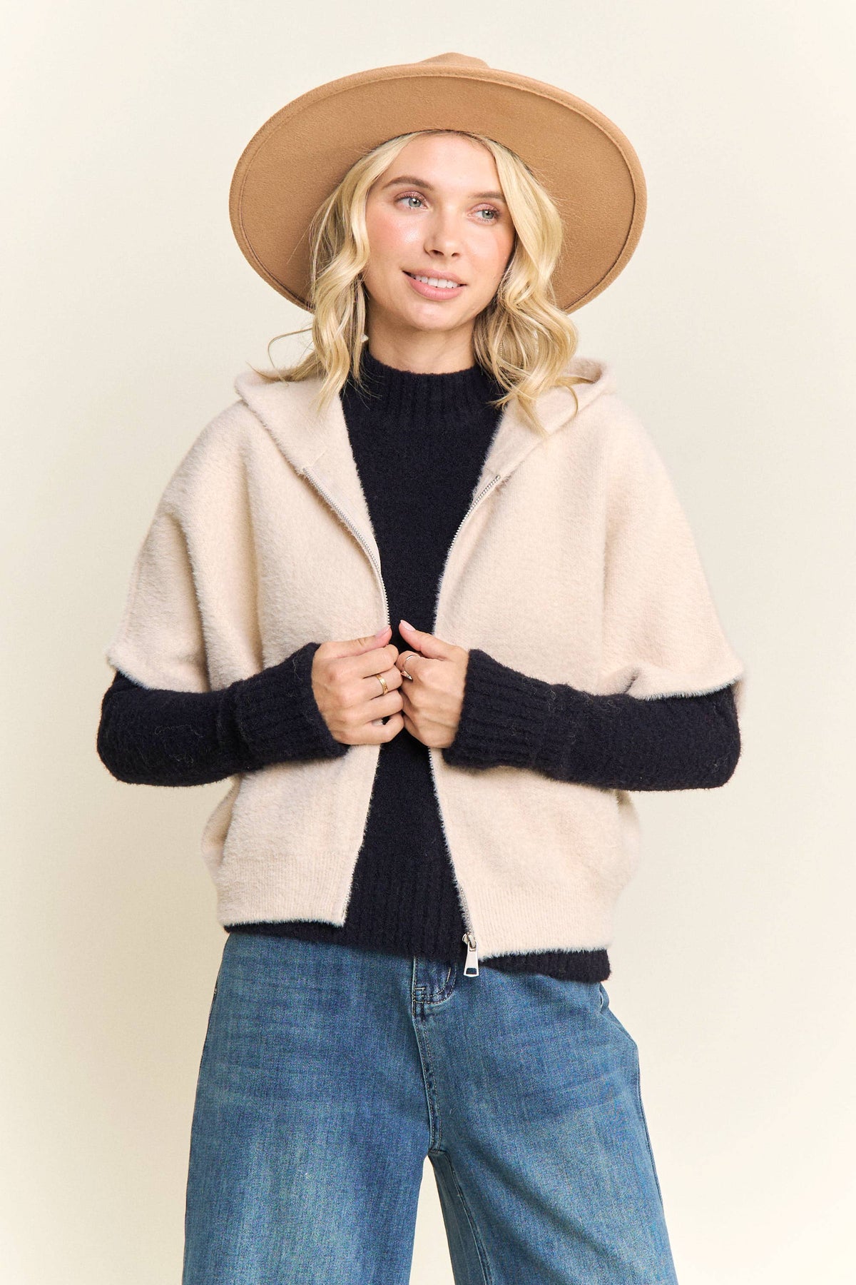 Short Sleeve Hooded Zip Up Fuzzy Sweater