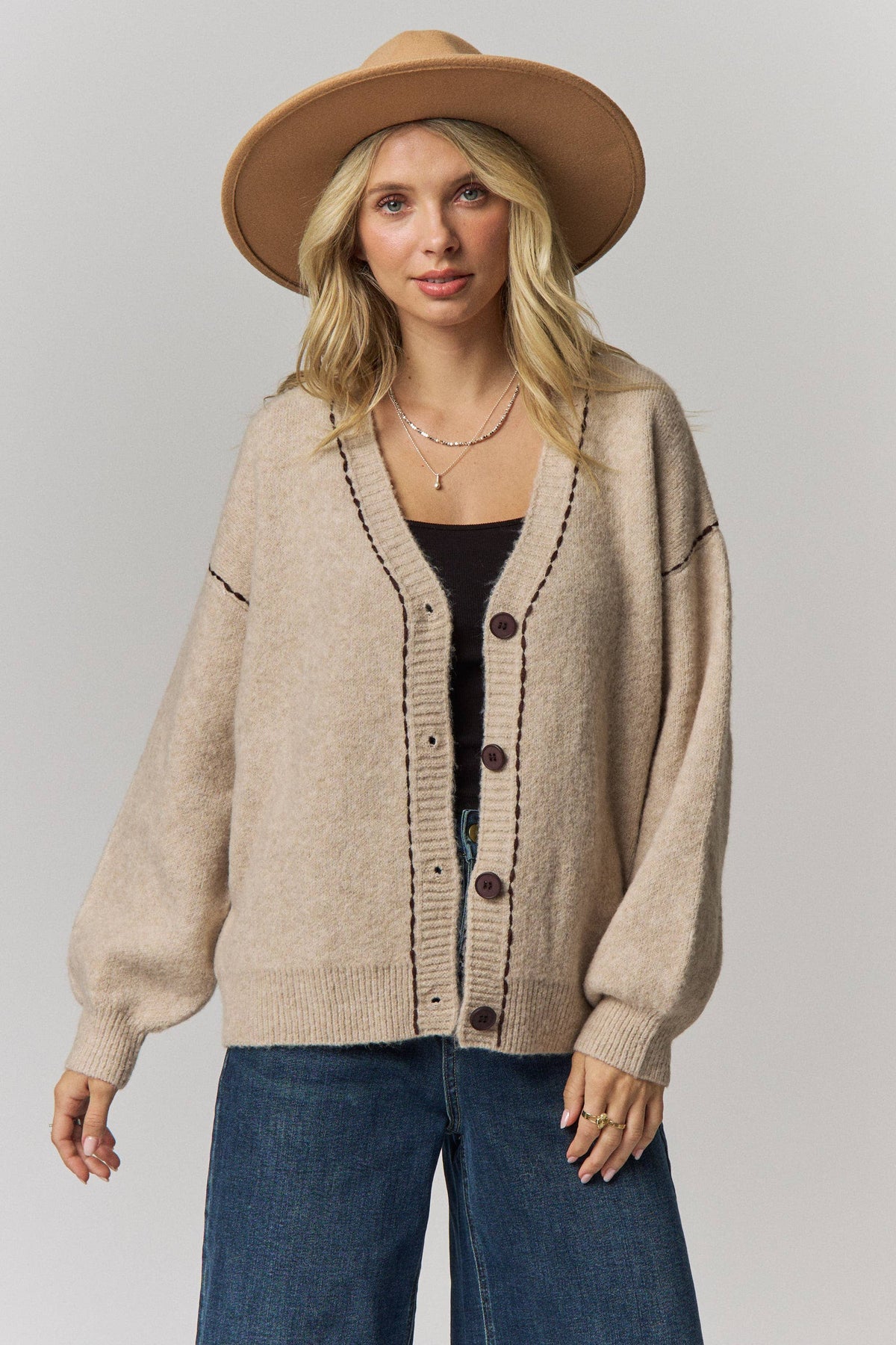 Contrast Stitch Button Front Cardigan- Taupe or Brown