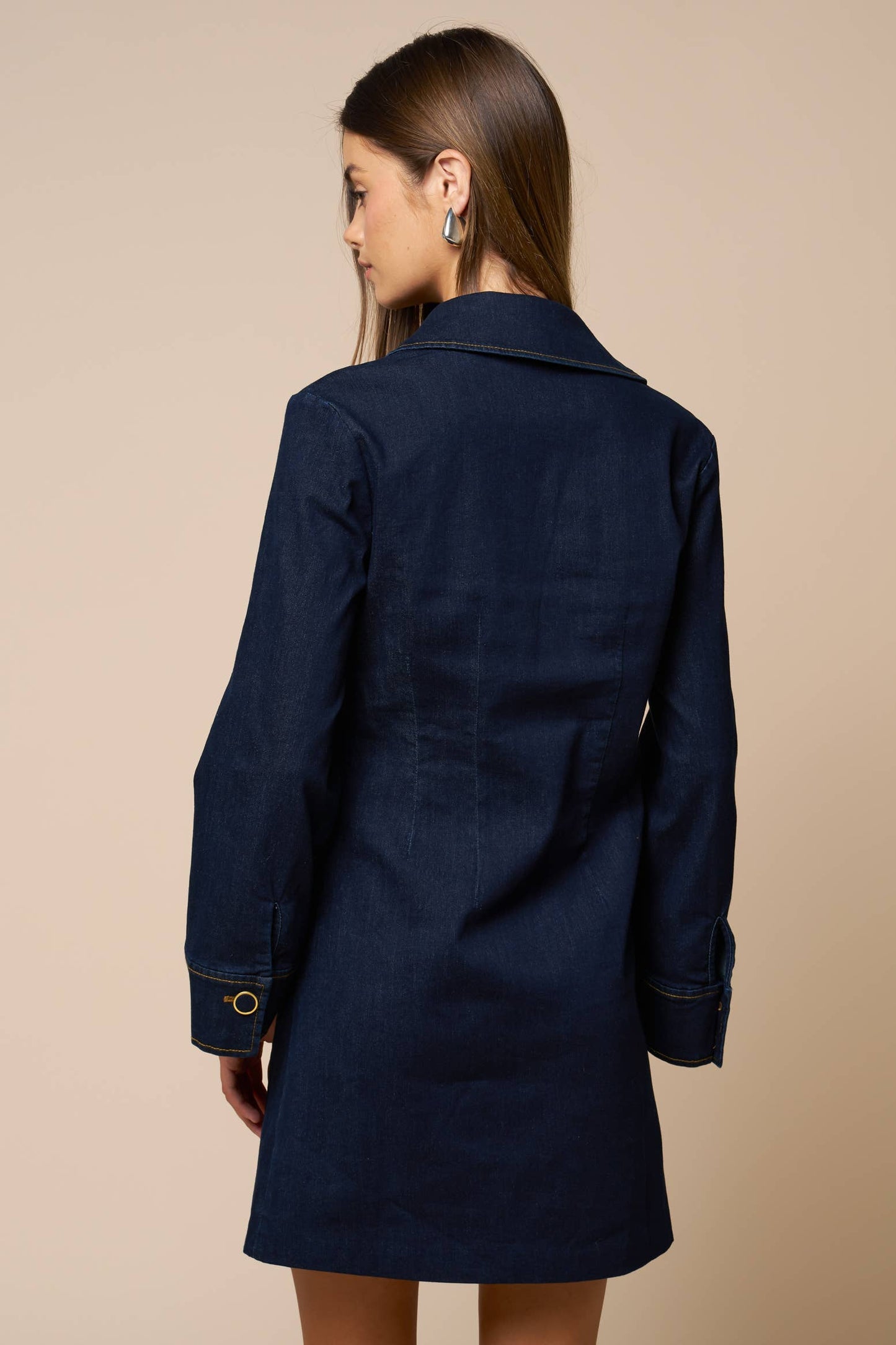 Collared Deep V-Neck Denim Dress