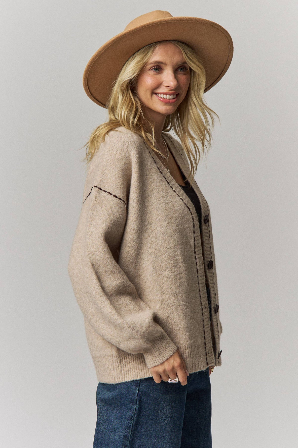 Contrast Stitch Button Front Cardigan- Taupe or Brown