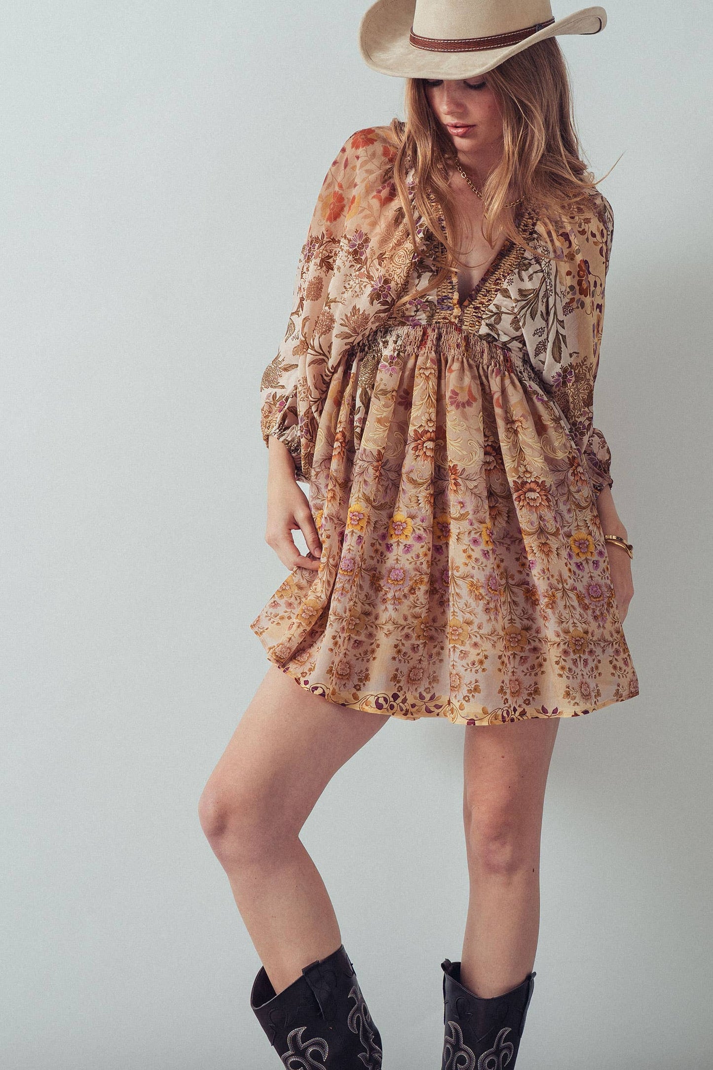 Mixed-Print Boho Smocked Waist Mini Dress