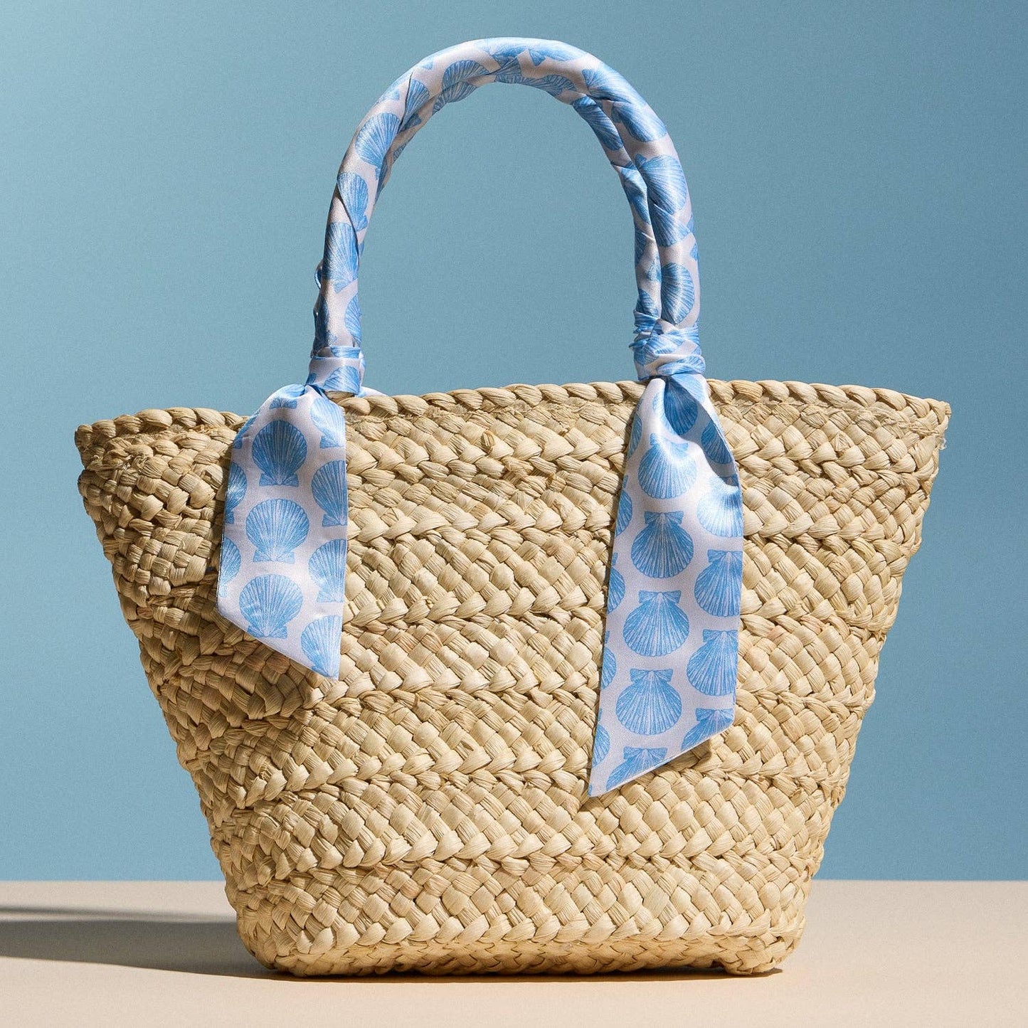 Woven Raffia Mini Tote Bag with Sea Shell Scarf Handles & Lining