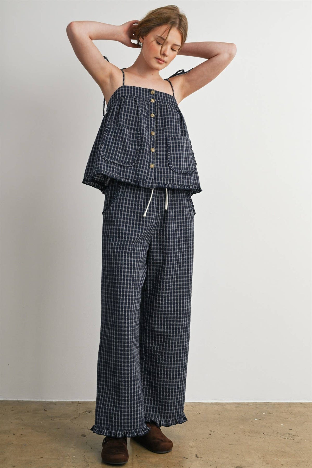 Gingham Drawstring Wide Leg Pants