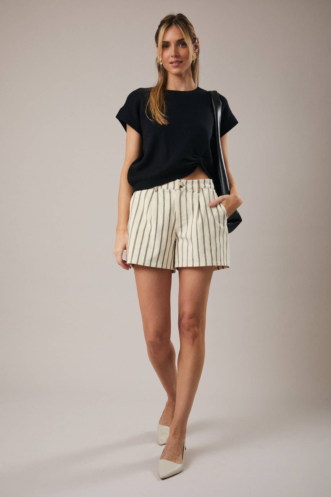Mid Rise Stripe Pleated Shorts