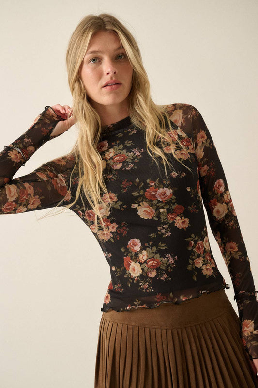 Floral Mesh Fitted Mock-Neck Raglan-Sleeve Thumbhole Top