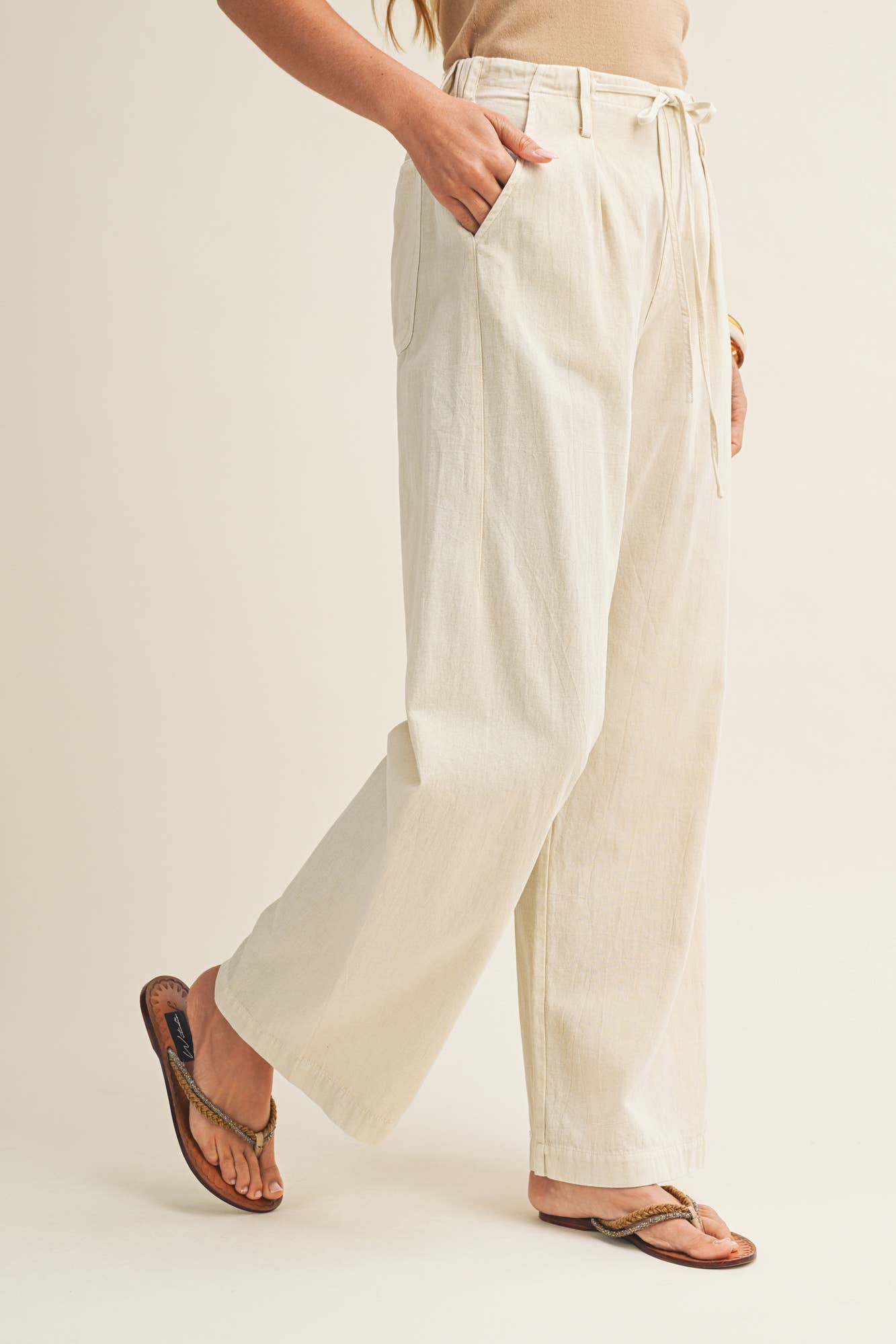 Pleated Drawstring Waist Wide-Leg Dyed Pant