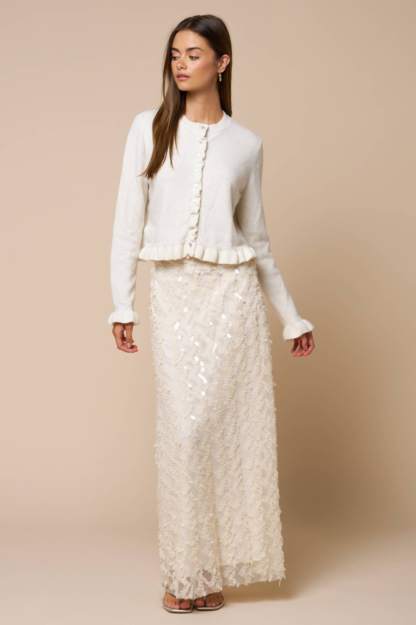 Ruffled Hem Long Sleeve Sweater Button-Down Cardigan