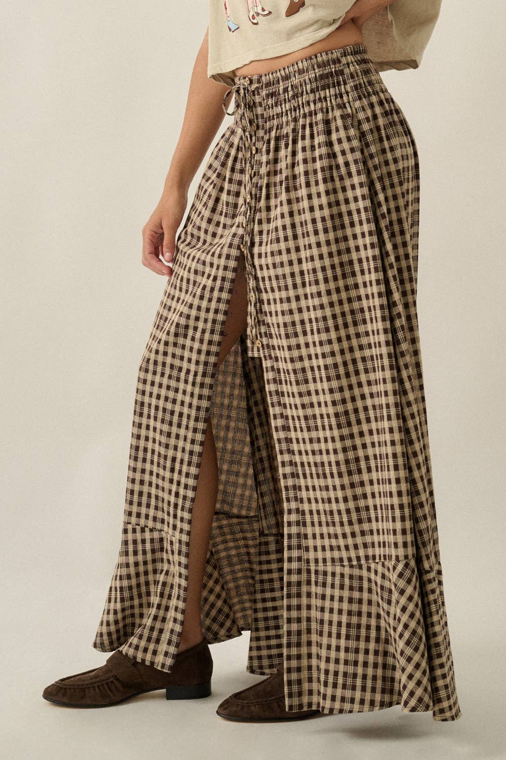 Woven Plaid Button-Front Ruffle-Hem Drawstring Maxi Skirt