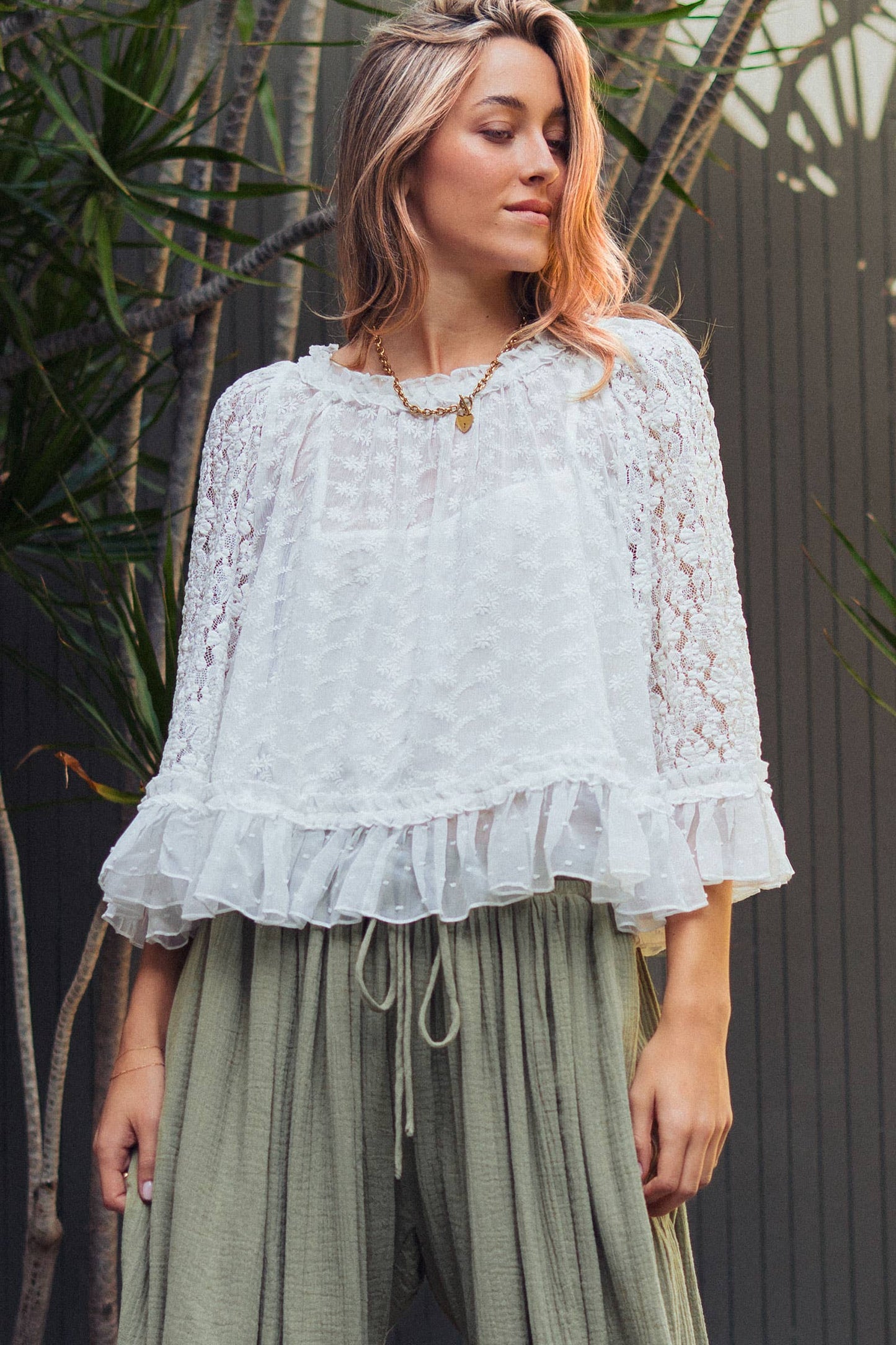Swiss Dot Lace Flutter Sleeve Top