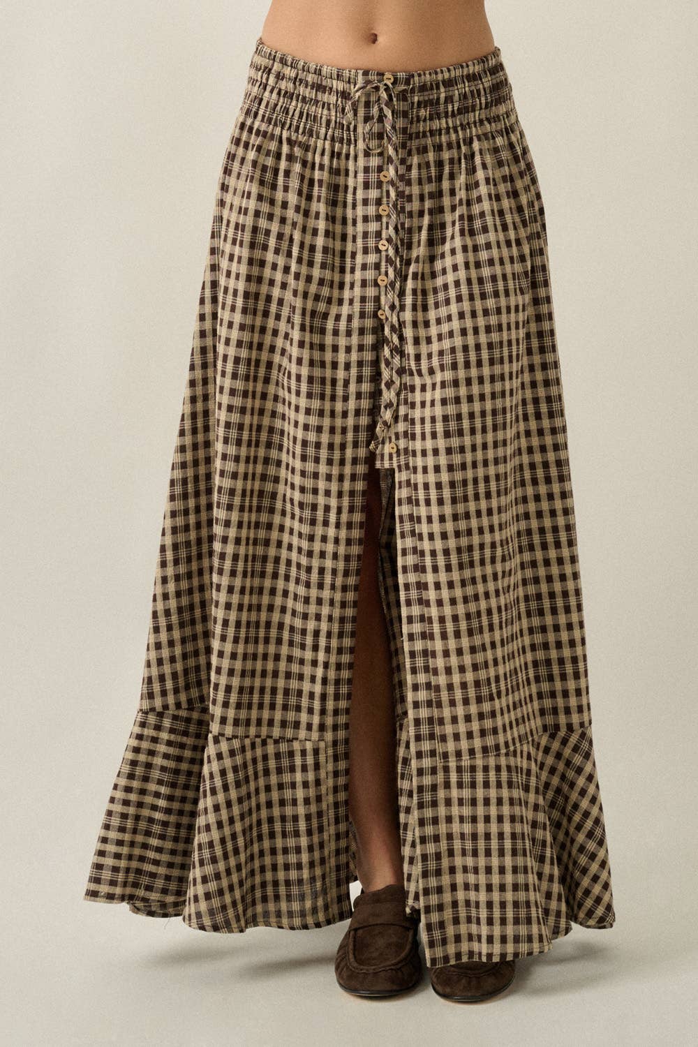 Woven Plaid Button-Front Ruffle-Hem Drawstring Maxi Skirt