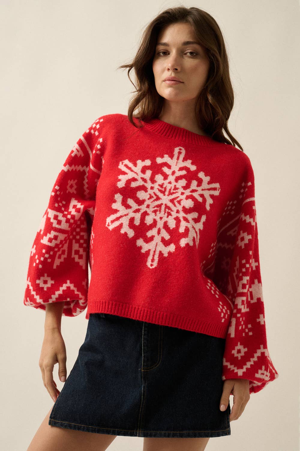 Snowflake Nordic Jacquard-Knit Dolman-Sleeve Sweater- Red and Sand