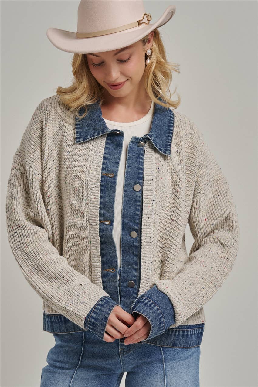 Sweater Jacket with Denim Trim