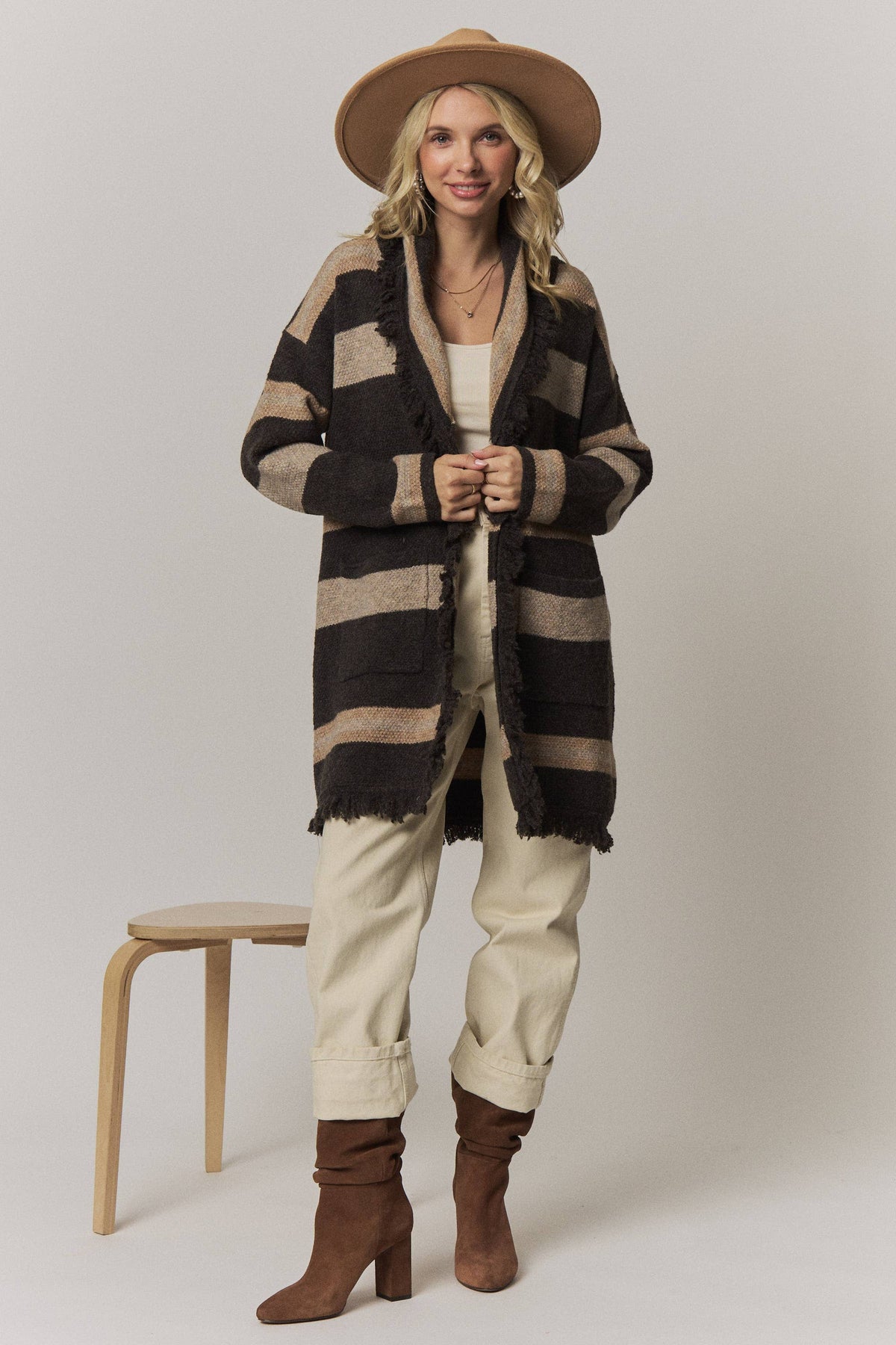 Boho Striped Fringe Long Cardigan