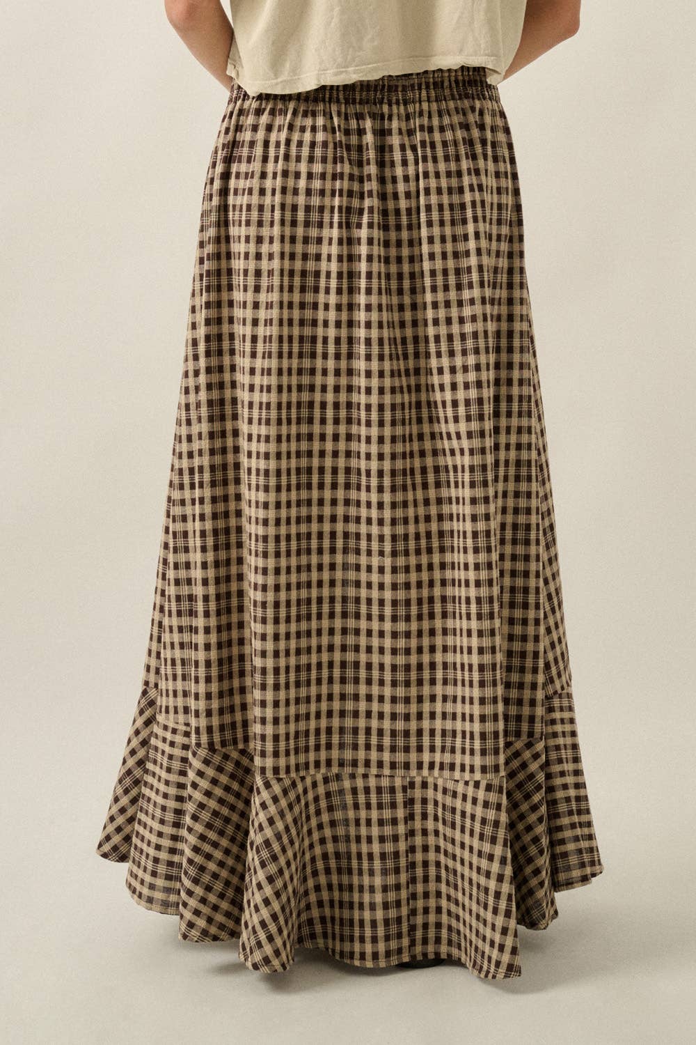 Woven Plaid Button-Front Ruffle-Hem Drawstring Maxi Skirt