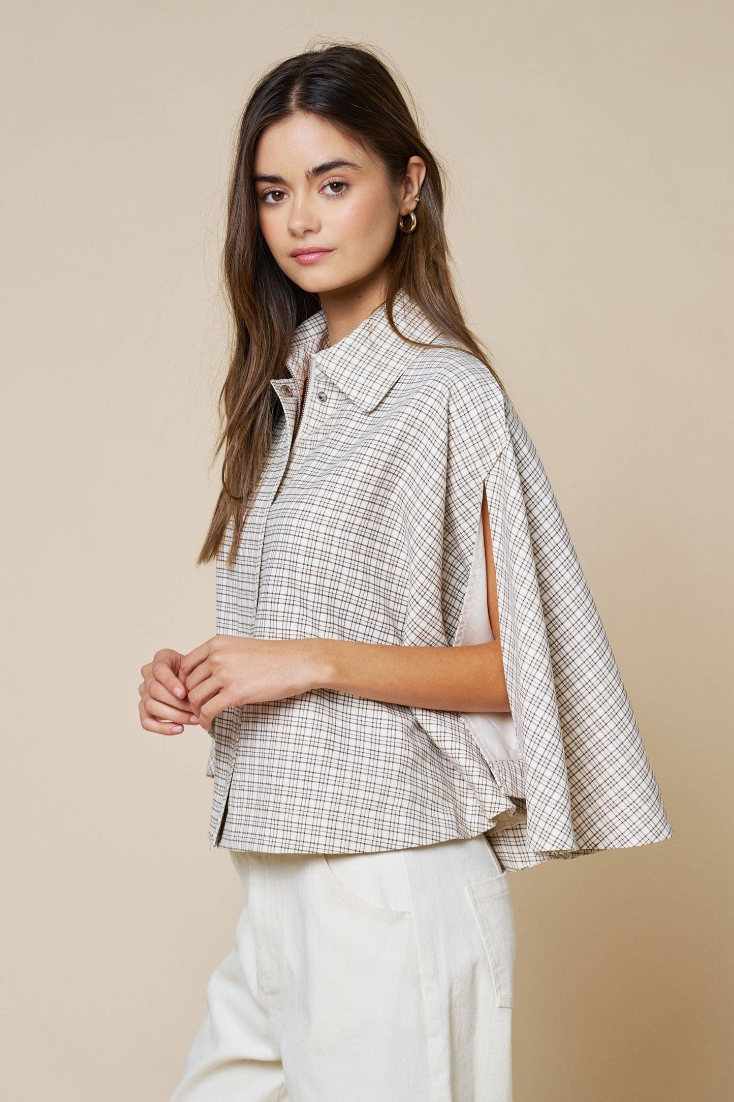 Plaid Collared Poncho Button Down Top