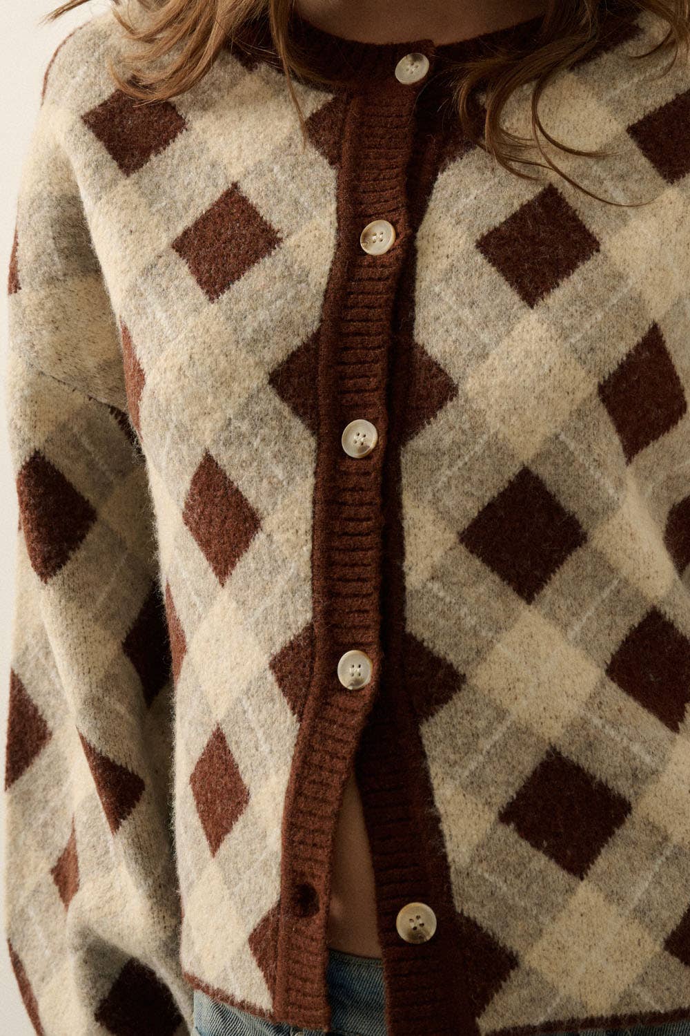 Plaid Jacquard-Knit Button-Front Crew-Neck Cardigan Sweater