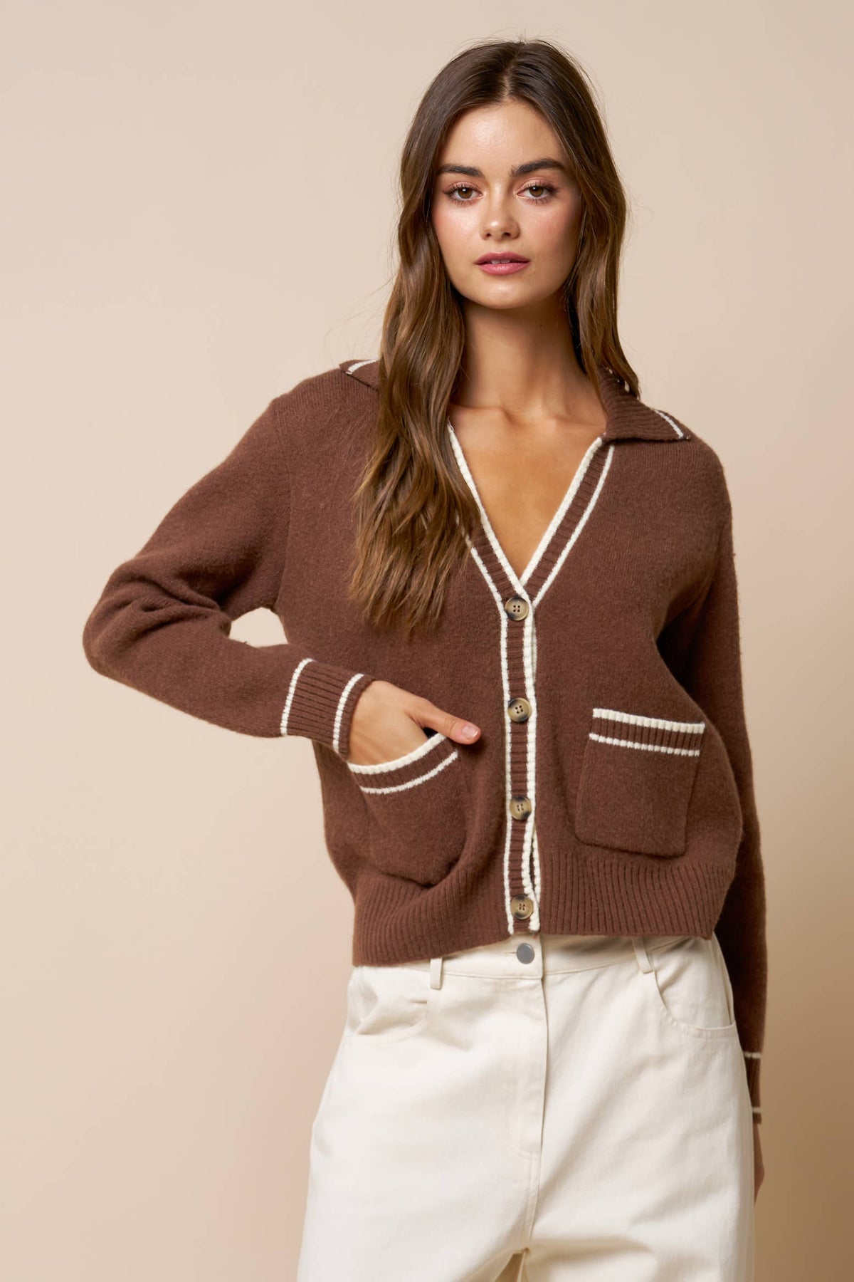 Stripe Hem V Neck Button Down Cardigan