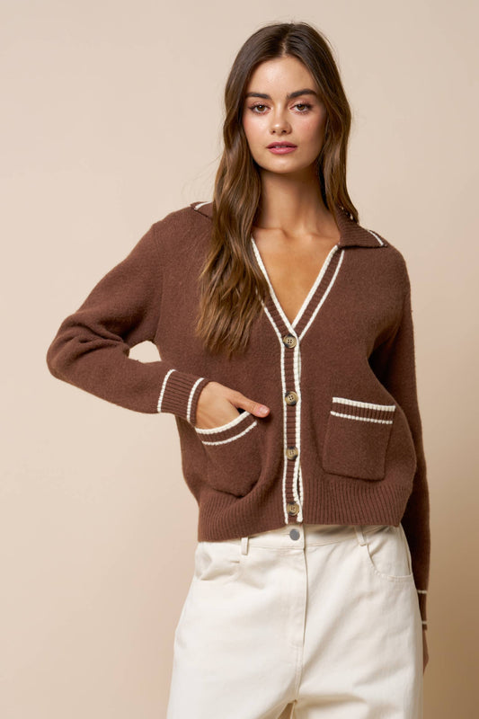 Stripe Hem V Neck Button Down Cardigan
