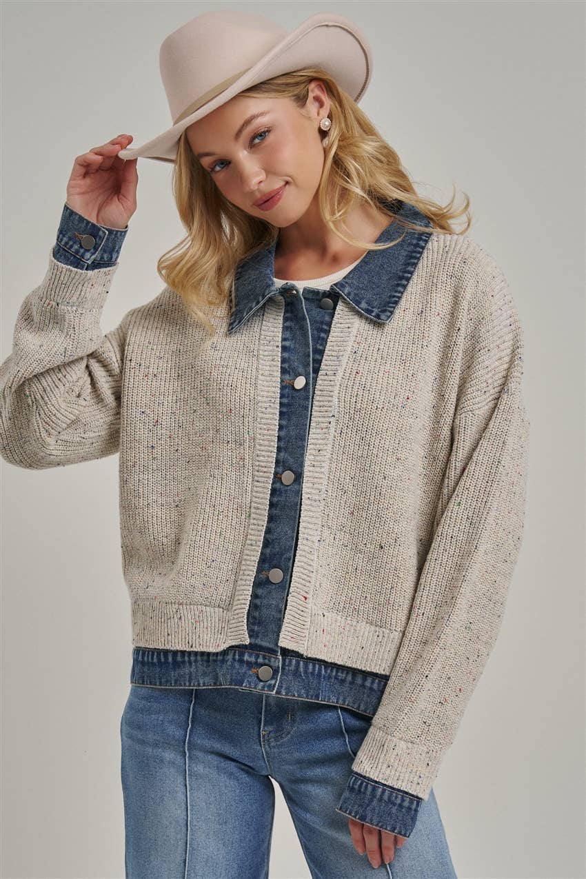 Sweater Jacket with Denim Trim