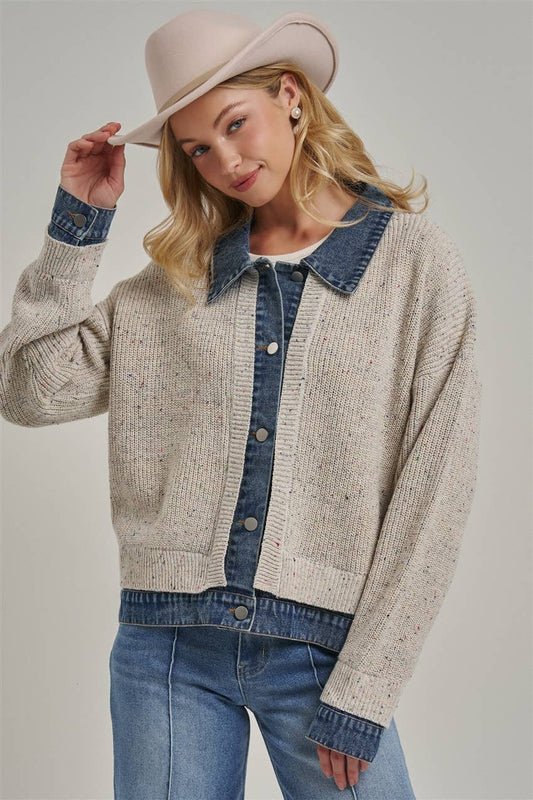 Sweater Jacket with Denim Trim