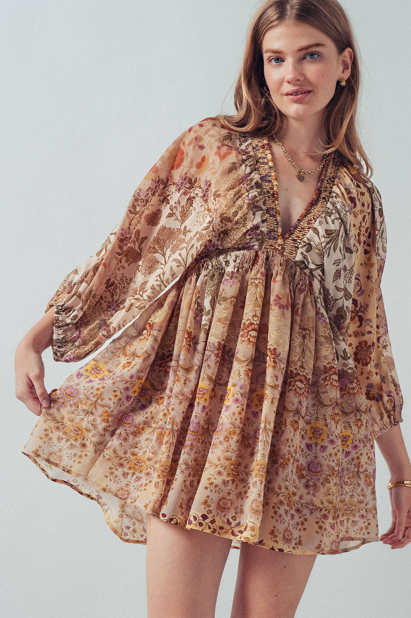 Mixed-Print Boho Smocked Waist Mini Dress