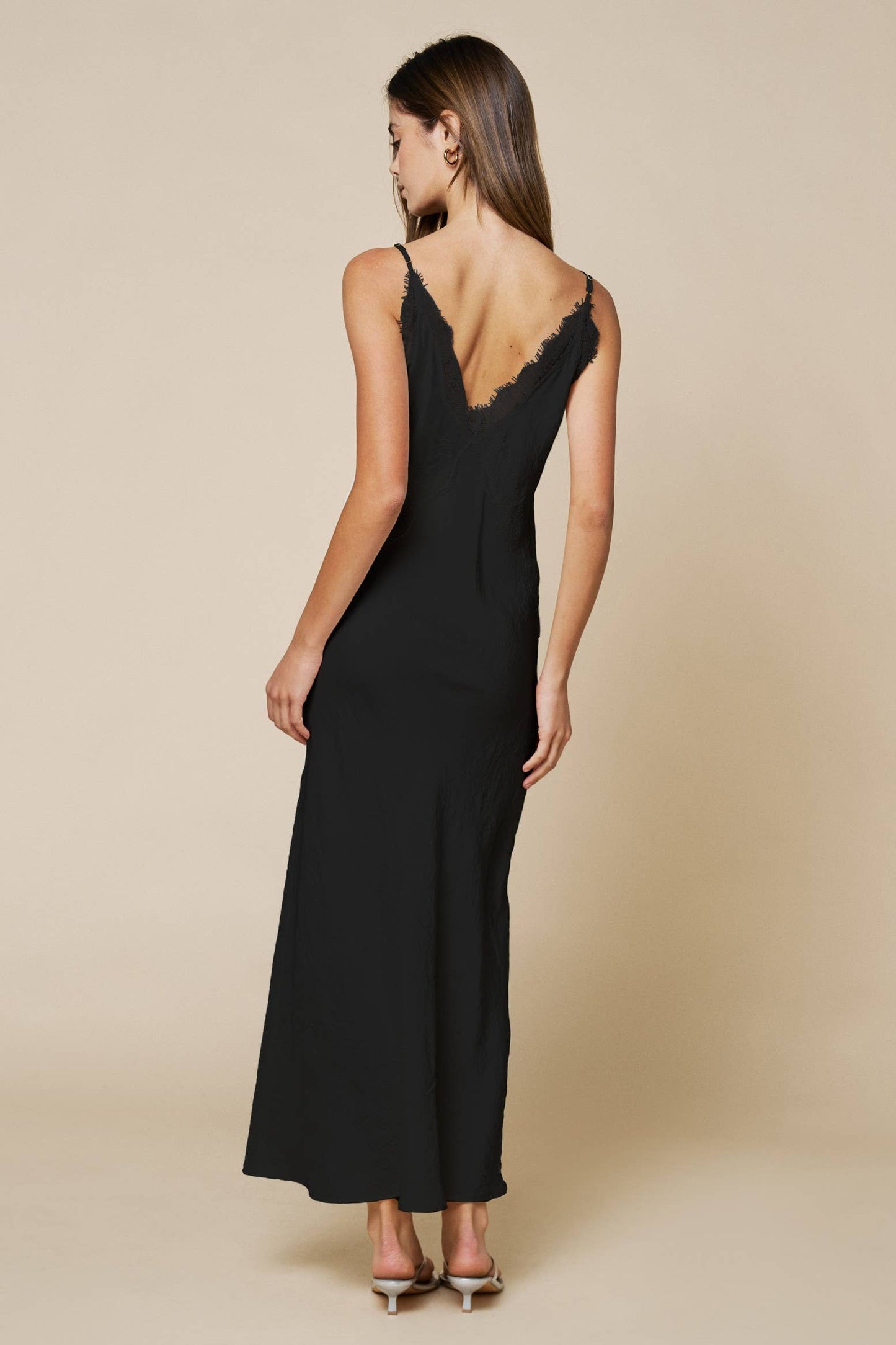 Lace Contrast V Neck Maxi Slip Dress