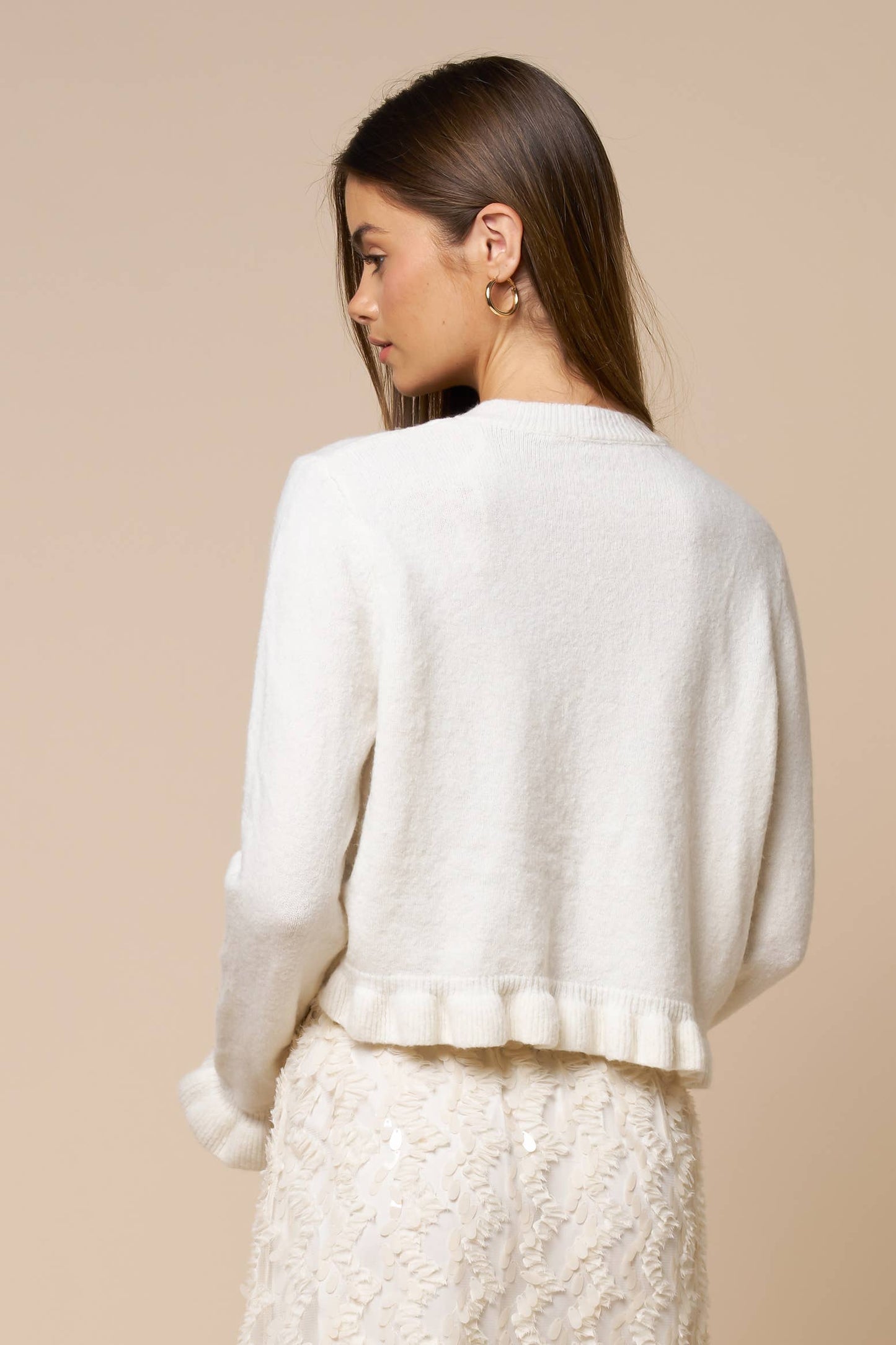 Ruffled Hem Long Sleeve Sweater Button-Down Cardigan