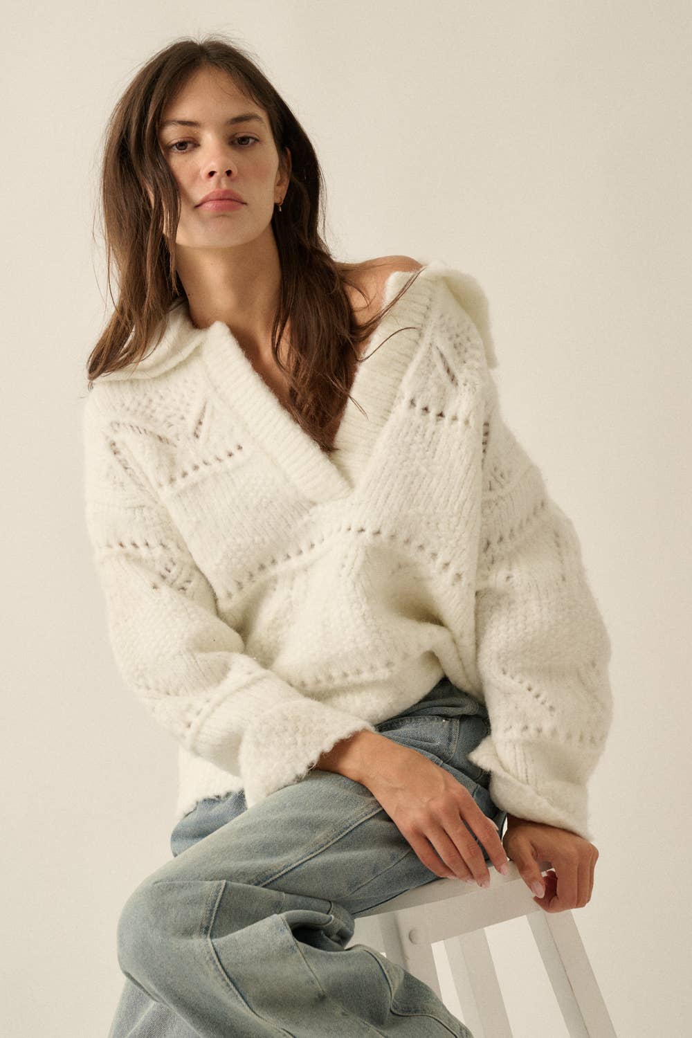 Fuzzy Pointelle Loose-Fit Sweater