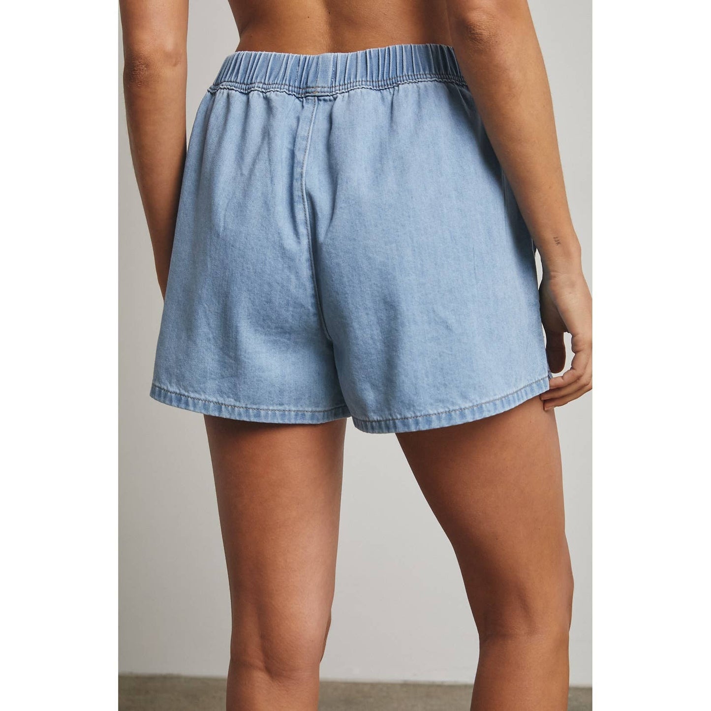 Button Front Drawstring Washed Denim Shorts