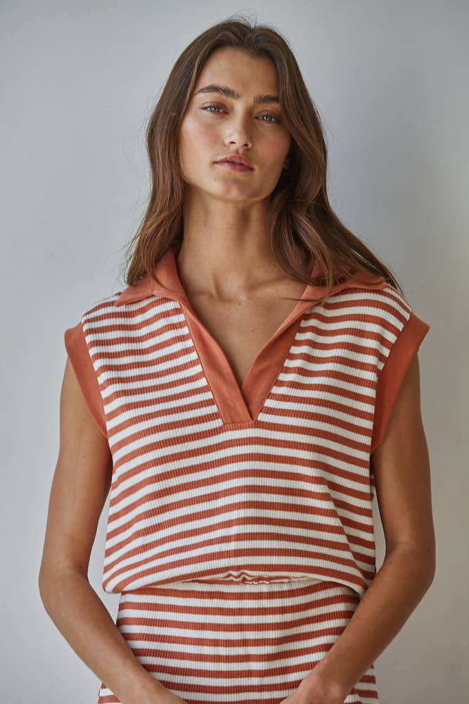 Knit Cotton Spandex Striped Ribbed V-Neck Polo Mini