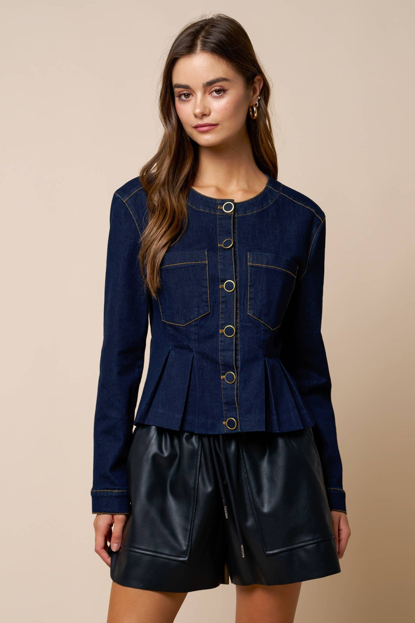 Denim Pleated Peplum Button Down Jacket
