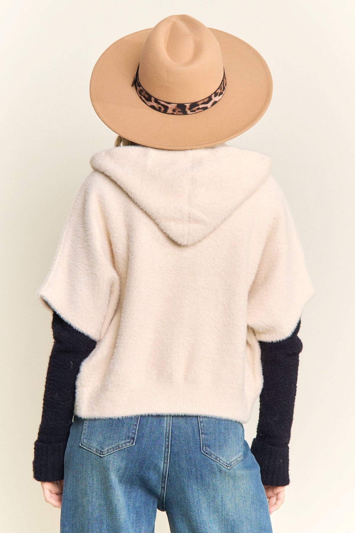 Short Sleeve Hooded Zip Up Fuzzy Sweater
