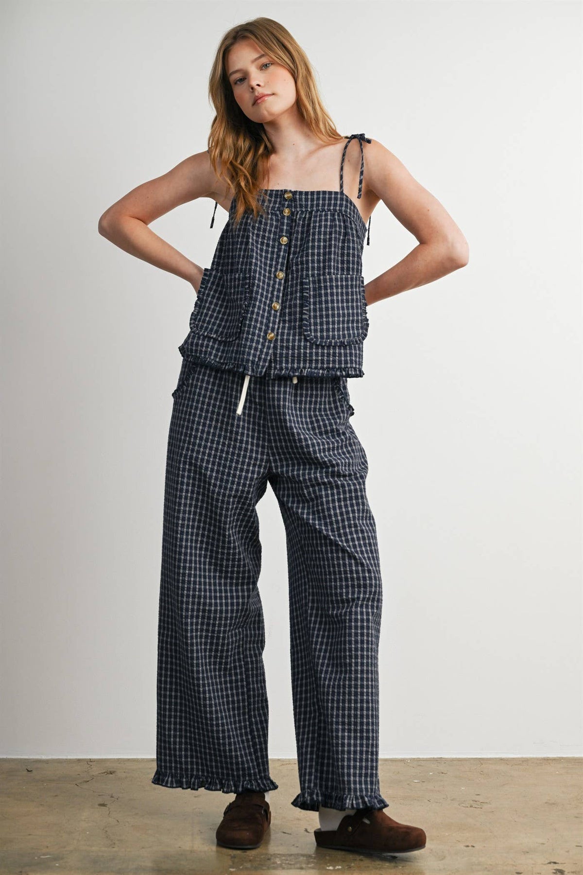 Gingham Drawstring Wide Leg Pants