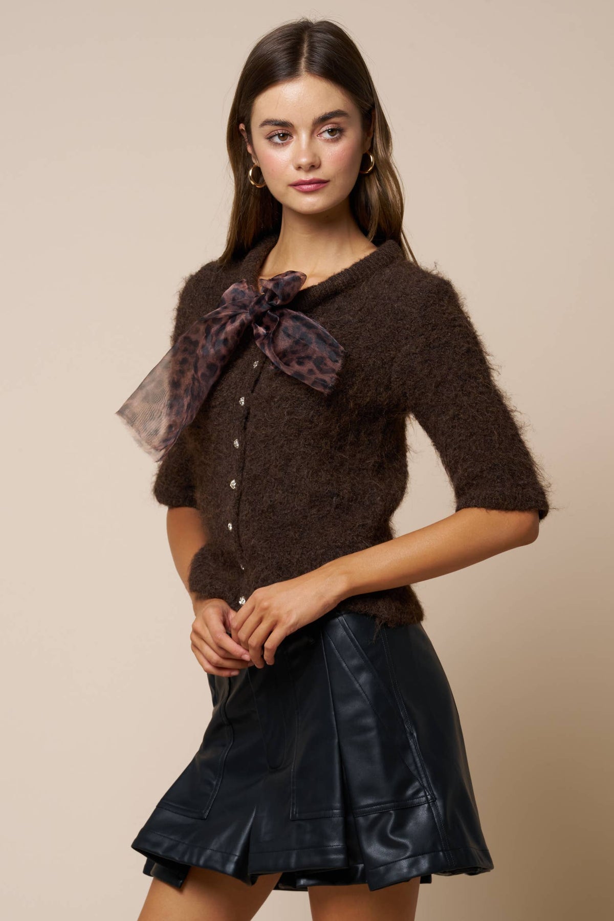 Leopard Scarf Tie Button-Down Sweater Top