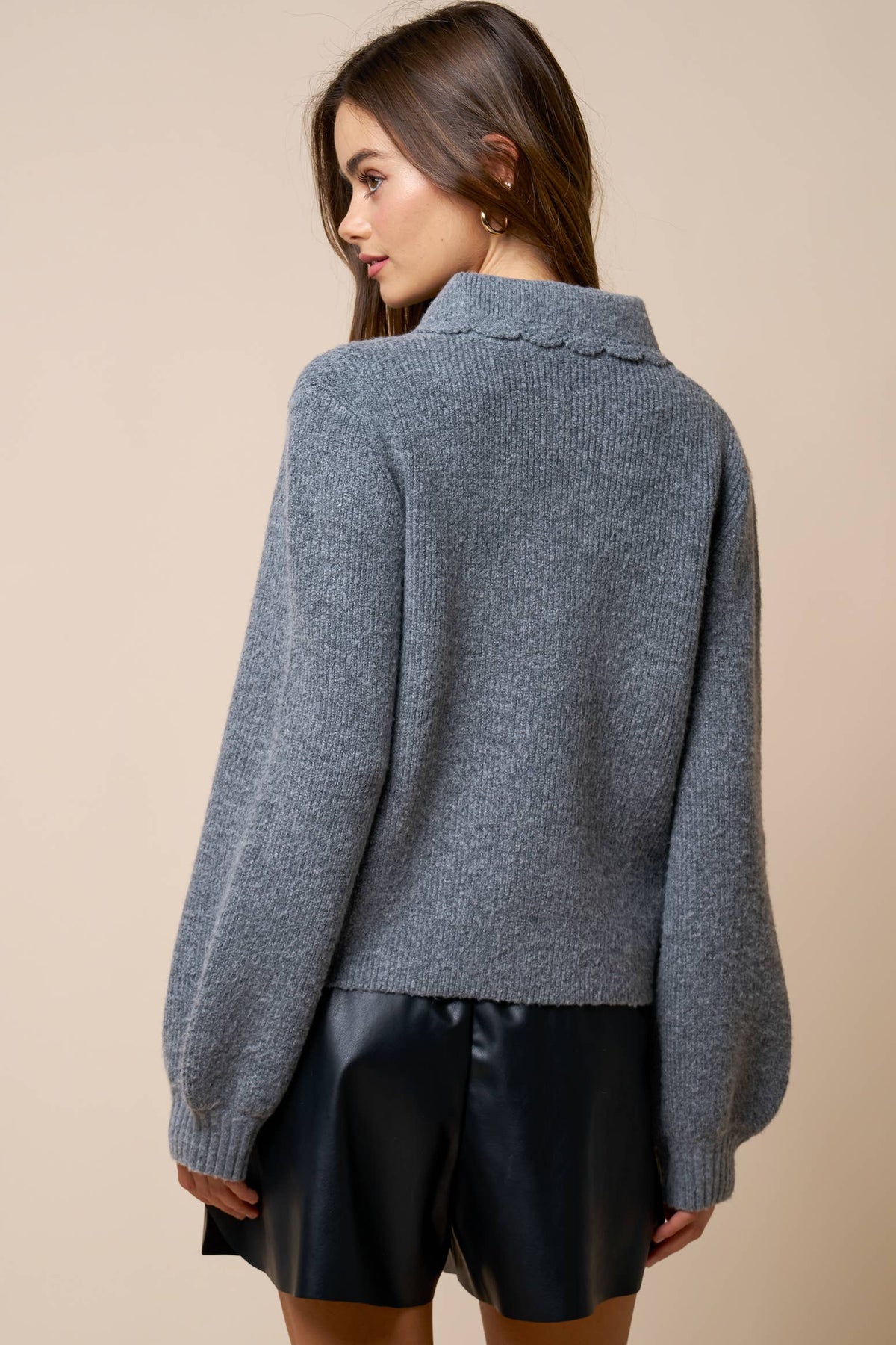 Velvet Bow Detail Scalloped Collar Cardigan