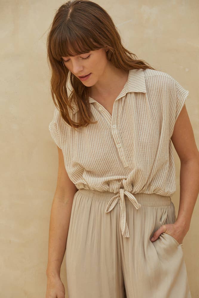 Tie Around Waist Striped Collared Button Up Top