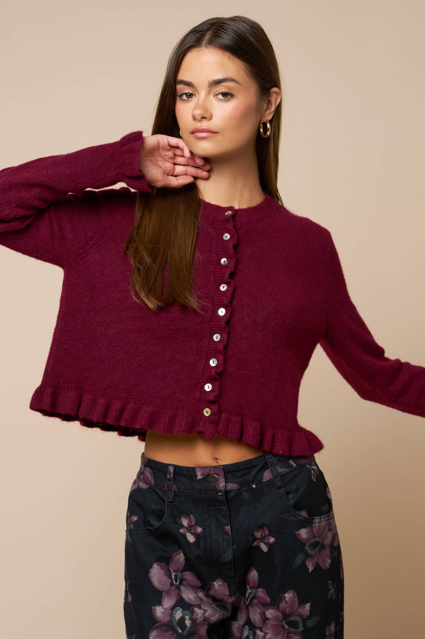 Ruffled Hem Long Sleeve Sweater Button-Down Cardigan