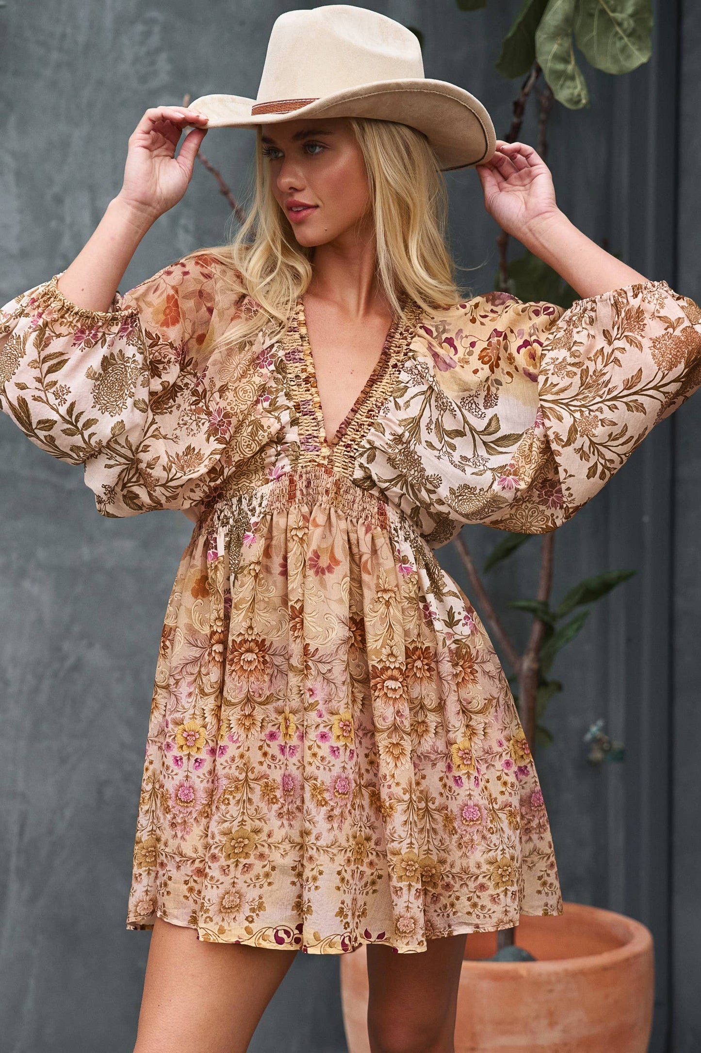 Mixed-Print Boho Smocked Waist Mini Dress