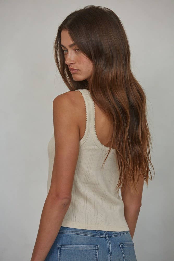 Knit Cotton Pointelle Ribbed Lace Trim Detail Tank