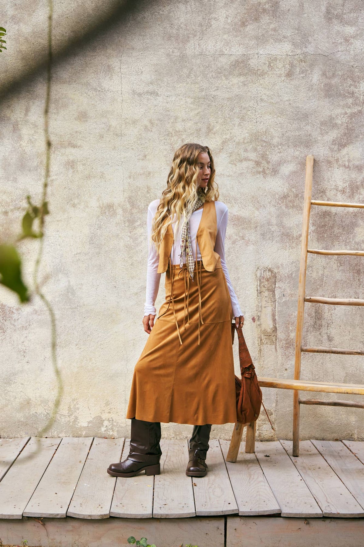 Drawstring Waist Sueded A-Line Skirt