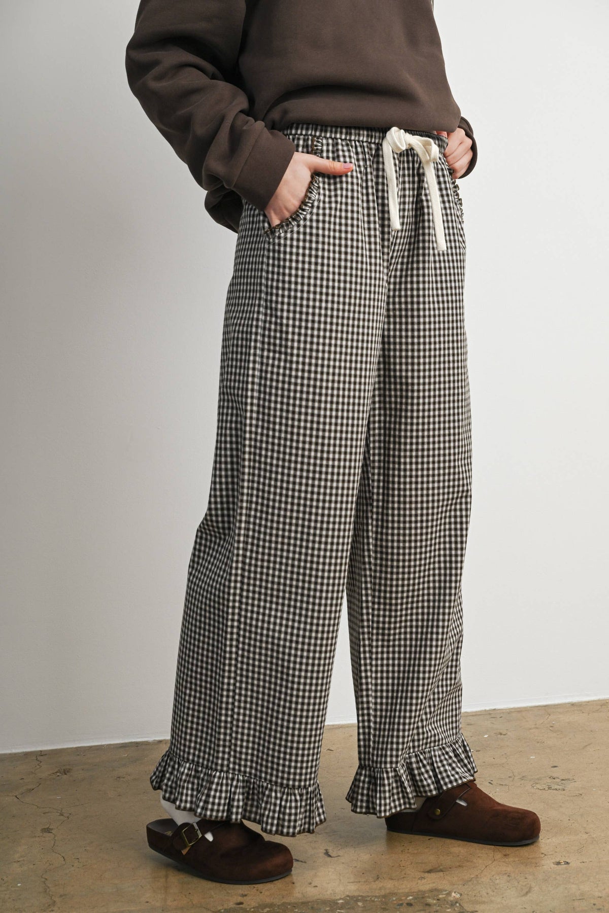 Gingham Ruffle Hem Wide Leg Pants