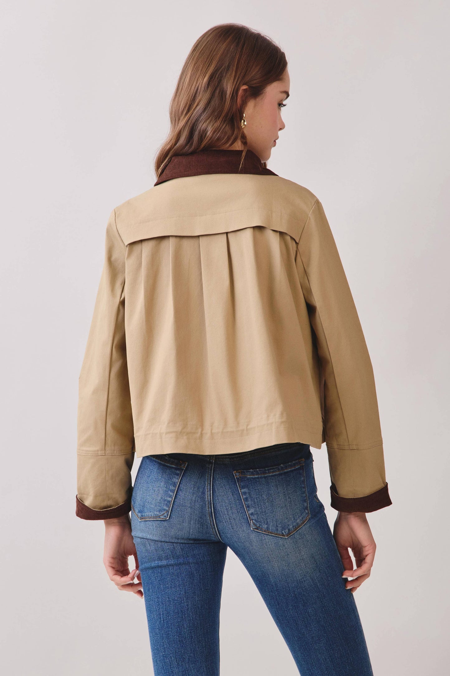 Contrast Corduroy Zip Up Front Cropped Jacket