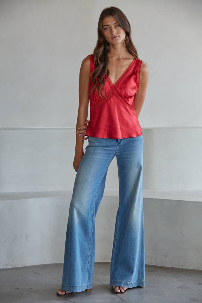 Woven Polyester Spandex Satin Sleeveless V-Neck Top