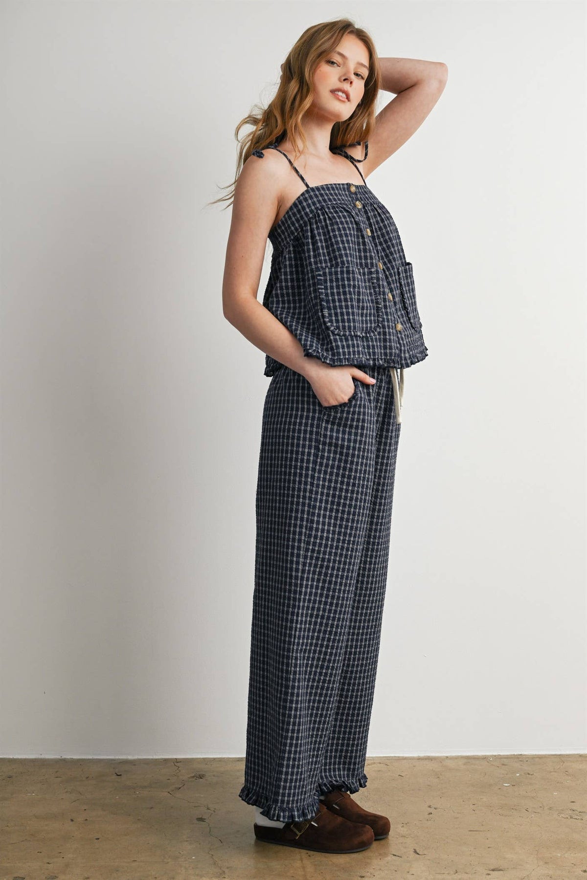 Gingham Drawstring Wide Leg Pants