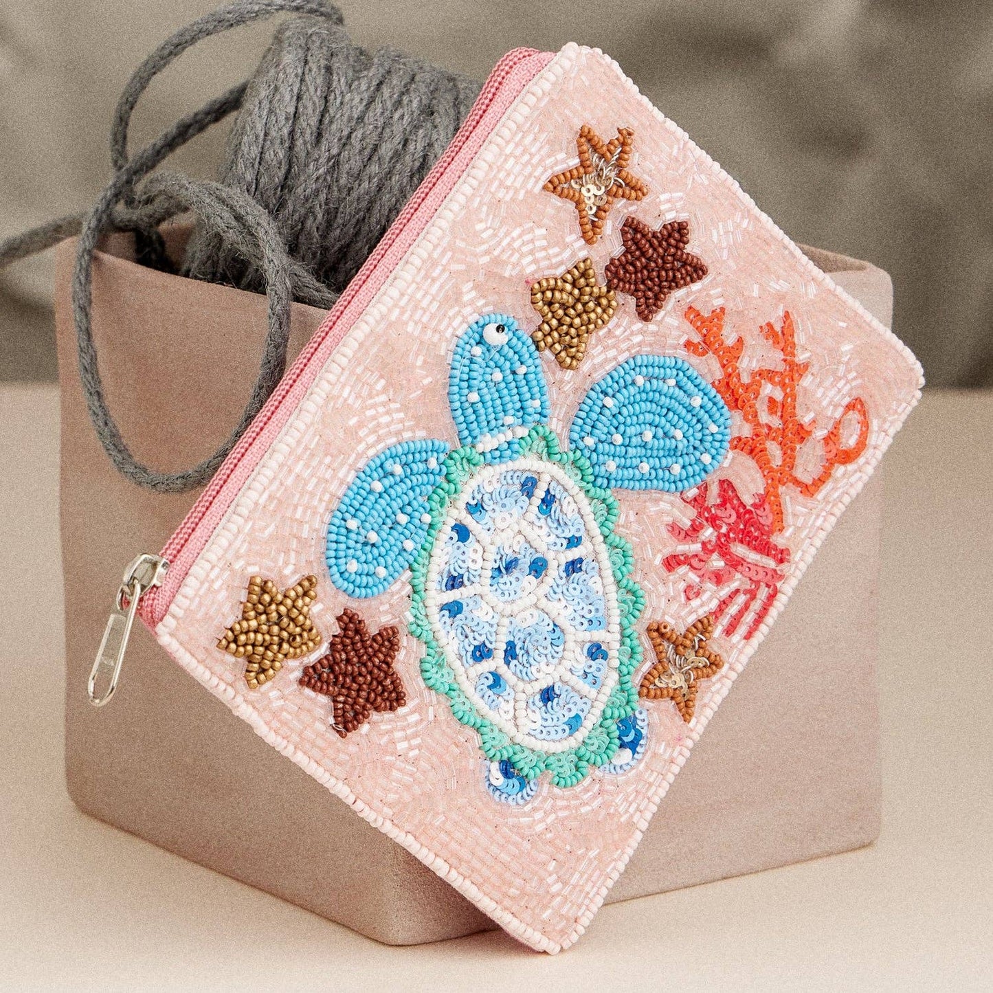 Hand-Beaded & Sequined “Coastal Sea Turtle” Coin Zip Pouch