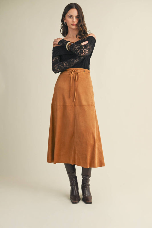 Drawstring Waist Sueded A-Line Skirt